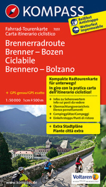 Carta cicloturistica tour n. 7051. Ciclabile Brennero-Bolzano-Vom Brenner bis nach Bozen
