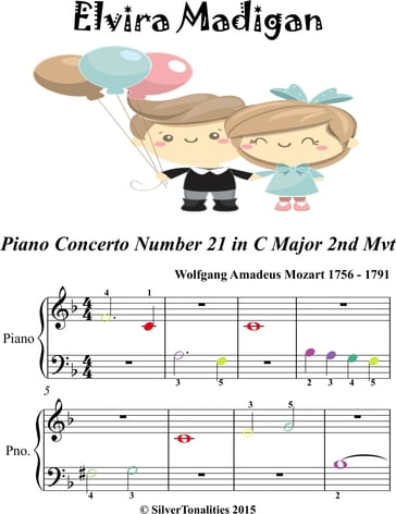 Elvira Madigan Piano Concerto No 21 2nd Mvt Beginner Piano Sheet Music with Colored Notes