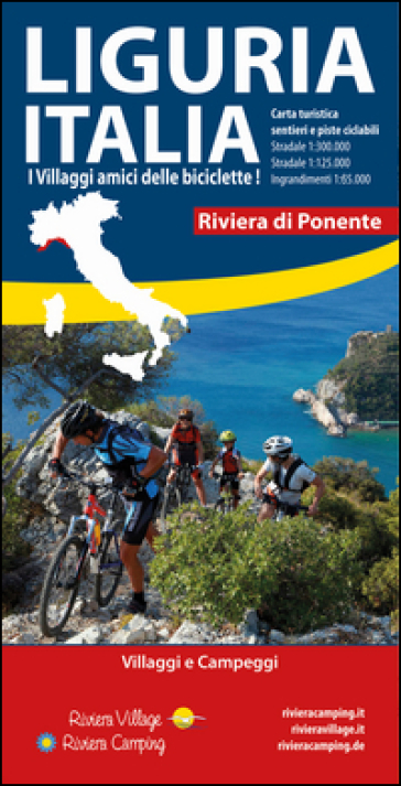 Liguria Italia riviera di Ponente. Carta turistica, sentieri e piste ciclabili. Villaggi e campeggi