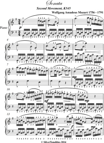 Sonata in C Major K545 Second Movement Elementary Piano Sheet Music